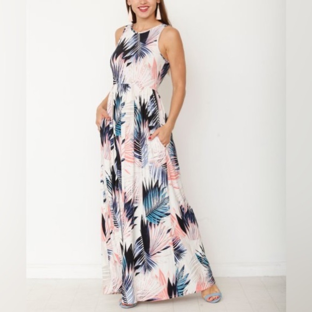 egs by éloges Blush & Blue Leaf Side-Pocket Maxi Dress 2X
